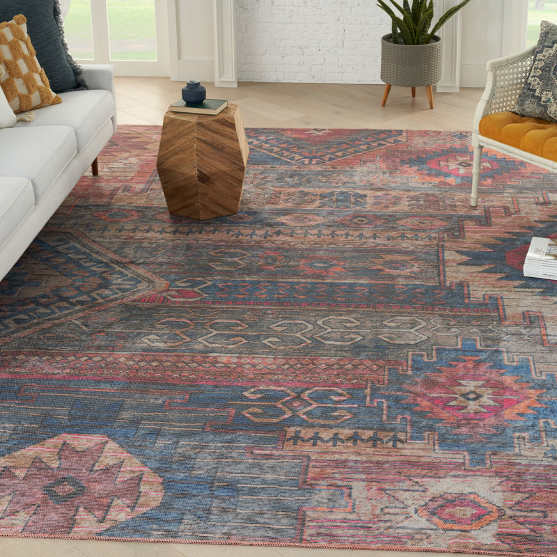 Machine Washable Southwestern Blue/Red Area Rug, Rectangle 7'10" x 9'10"