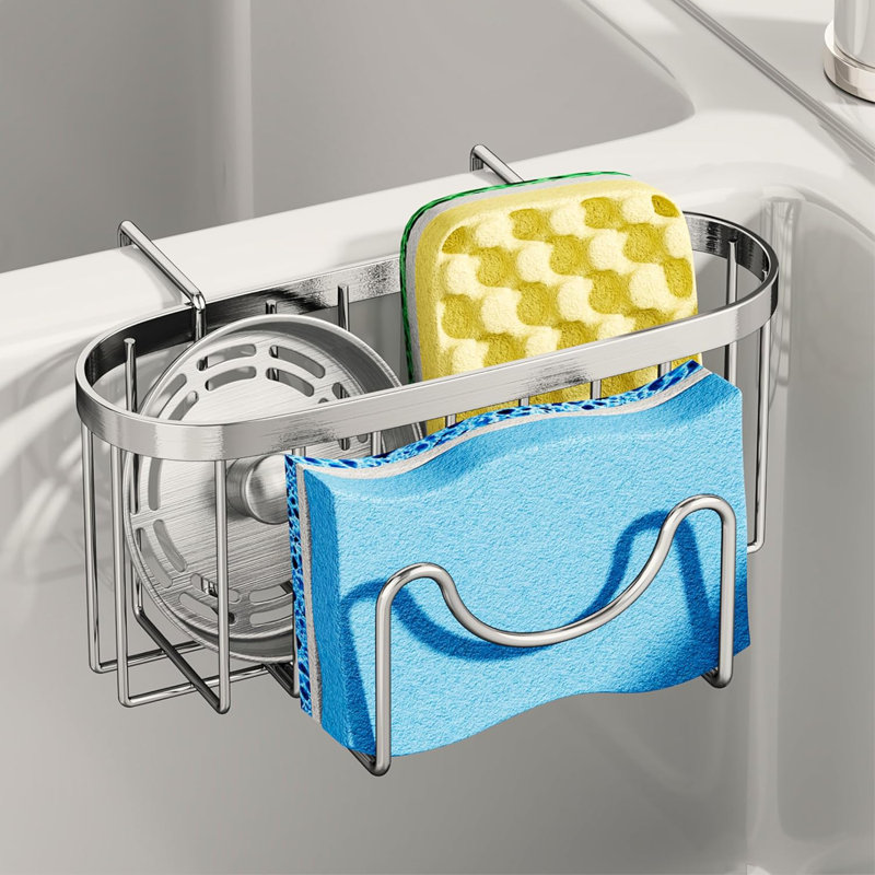 Porte-éponge en acier inoxydable pour évier de cuisine double avec crochet en forme de M, organisateur de panier d'évier pour éponge, brosse et bouchon d'évier, conception de drainage rapide
