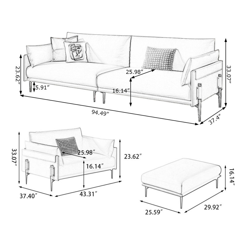Ensemble de salon en cuir véritable blanc crème 3 pièces
