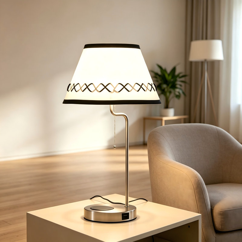 Luchak 20" H Brushed Silver Metal Table Lamp with Qi Wireless Charging Base & USB Por