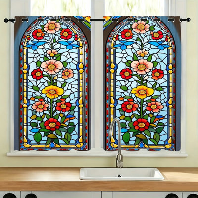 2 pièces rideaux occultant en vitrail, rideaux arqués floraux colorés, panneaux décoratifs pour le salon, la chambre, la décoration intérieure, 