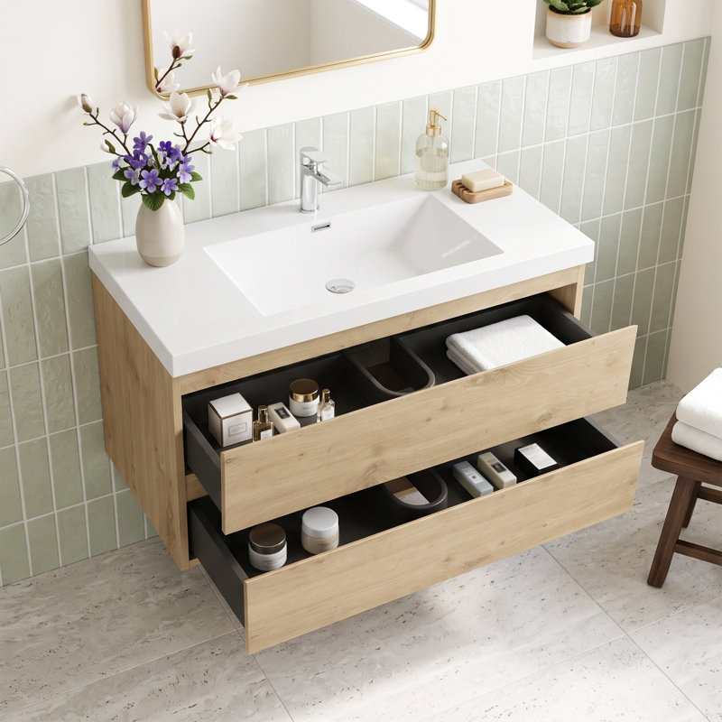 Meuble-lavabo mural de 42 po en chêne MFC avec dessus en résine blanche brute et carbonate de calcium, deux tiroirs coulissants en forme de U à fermeture douce, préassemblé