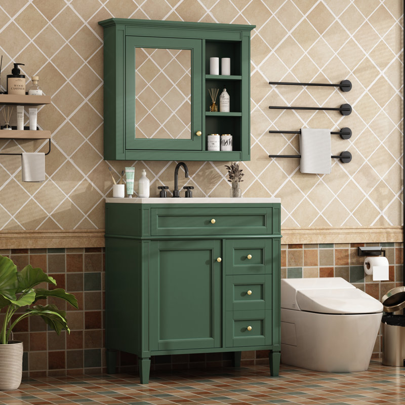 Ensemble de meuble-lavabo 30 po avec lavabo, armoire à miroir, 2 tiroirs + tiroir basculant, structure en bois massif, finition verte, autoportant