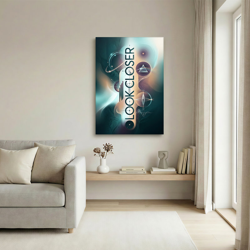 Art mural sur toile prisme lumineux et chemins orbitaux en bleu sarcelle et orange, 40"H x 28"W