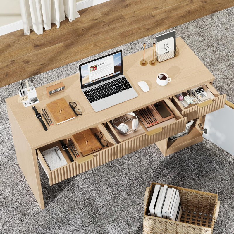 Bureau de direction 60 "avec tiroirs cannelés, bureau à domicile en bois avec armoire de rangement, Naturel