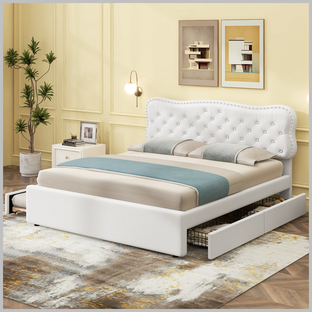 Lark Manor Modern Upholstery Platform Bed with Storage Drawers and