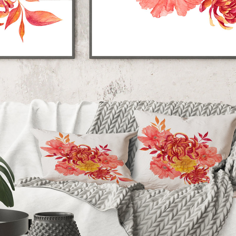 Bouquet d'automne rouge et orange sur fond blanc - coussin traditionnel imprimé, 16 po x 16 po