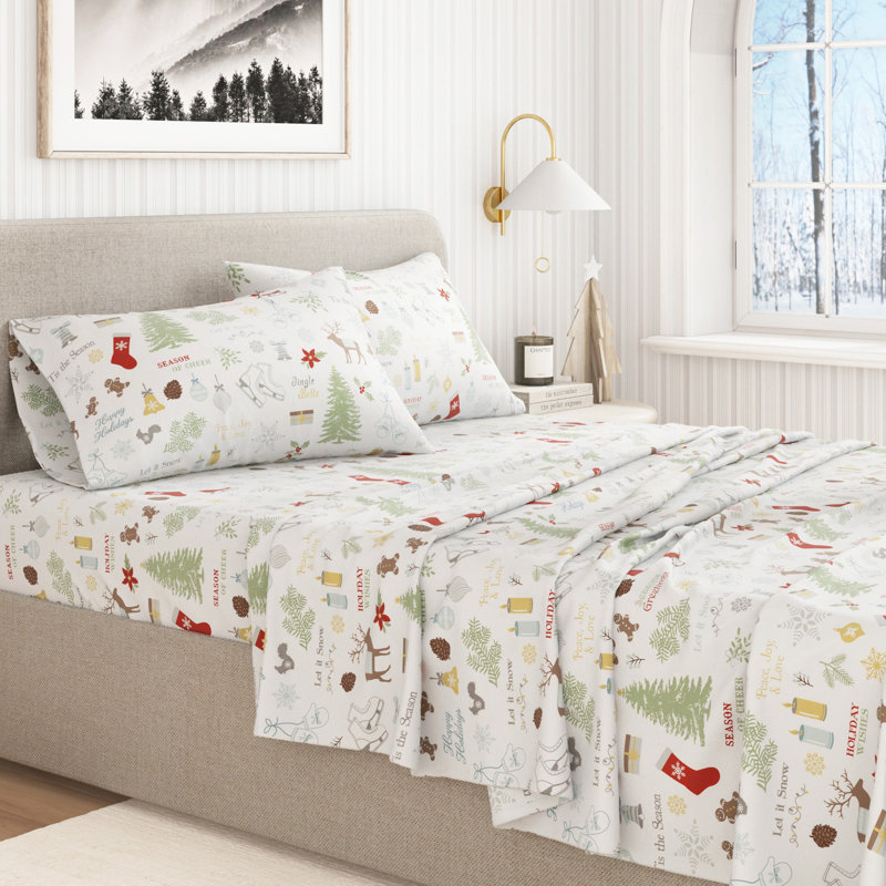 100% Turkish Cotton Flannel Christmas Sheet Sets, Holiday Time, King with 2 Pillowcases