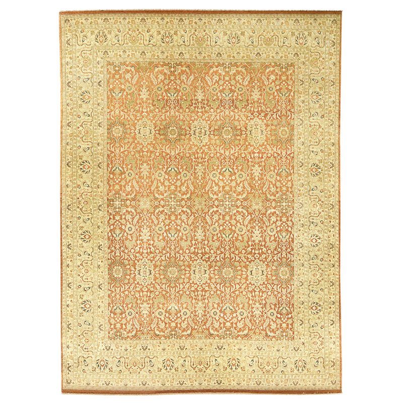Tapis rouille et vert clair de haute qualité noué à la main