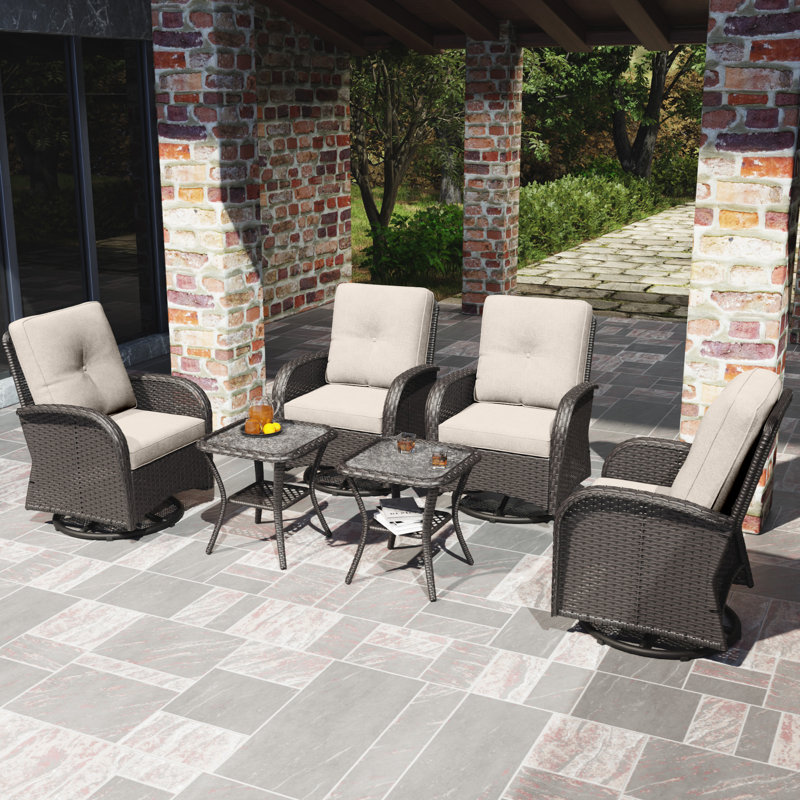 Kyesha 6-Piece Outdoor Swivel Chair Set with Cushions, Brown, Beige