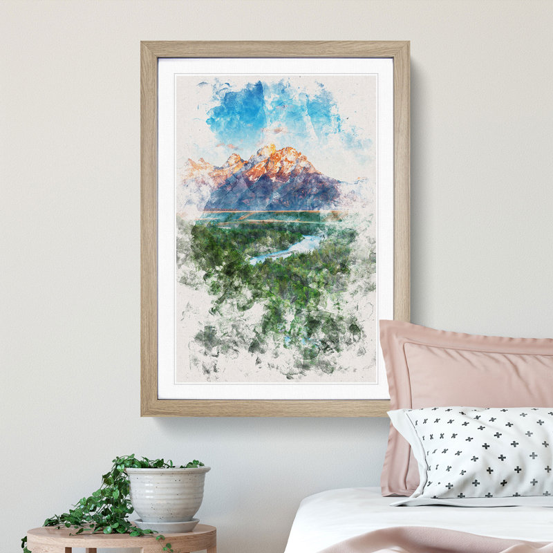 Teton Mountain Range - Picture Frame Painting Print, 33cm H x 24cm W x 2cm D, Oak Framed