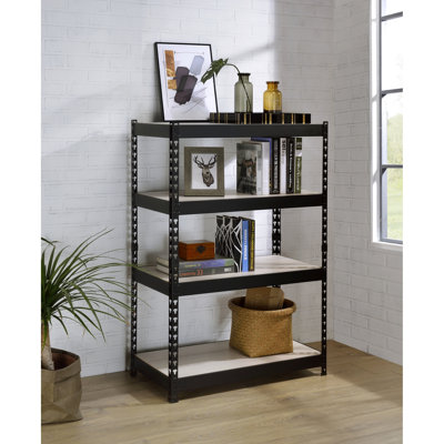 Bibliothèque industrielle, naturelle et noire, rectangulaire à 4 niveaux avec structure ouverte en métal et tablettes réglables noires, support de rangement