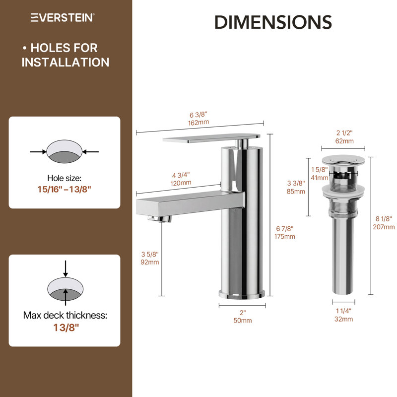 Robinet de salle de bain à un trou, robinet de salle de bain à poignée simple avec drain, Chrome