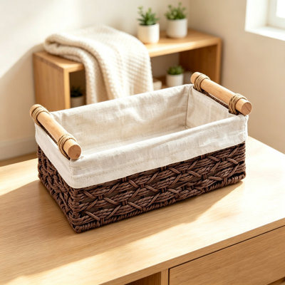 Panier en bois tressé à la main, panier de rangement avec poignées en bois, panier décoratif pour étagères, salle de bain, cuisine, placards, comptoir, maison de campagne, rangement pour la maison