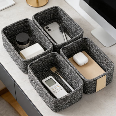 Ensemble de 4 paniers de rangement tissés à la main, organisateurs de corde en coton tissé à la main pour étagères, placard, bureau et rangement de jouets, paniers rectangulaires décoratifs pour l'organisation à domicile