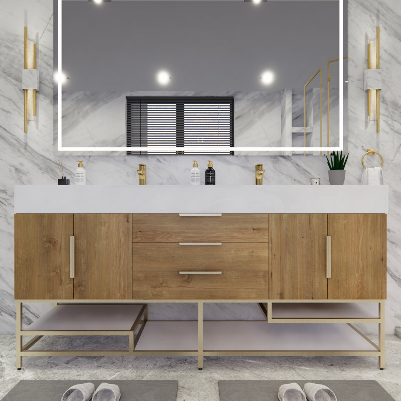 Ensemble de meuble-lavabo double 72 po Glasgow, Blanc lustré, Chêne