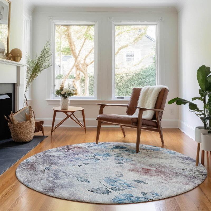 Premium Machine Washable Prisco Blue Rug, Round 8'