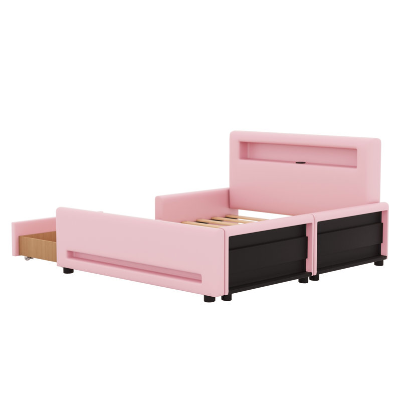 Lit plateforme tapissier à DEL avec tiroir de rangement et chargement USB, Rose