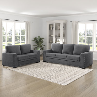 Ensemble de salon 2 pièces en chenille moderne et contemporain Denaux avec confort moelleux, garniture cloutée et coussins amovibles