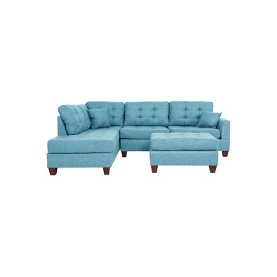 Modern Blue Color 3Pcs Sectional Living Room Furniture Reversible Chaise Sofa And Ottoman Tufted Polyfiber Linen Like Fabric Cushion Couch Pillows