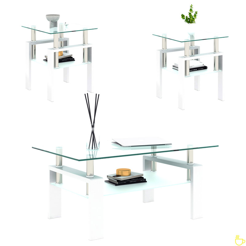 Ensemble de 2, table basse moderne en verre trempé, table de bout, table carrée, Plateau transparent / base blanche