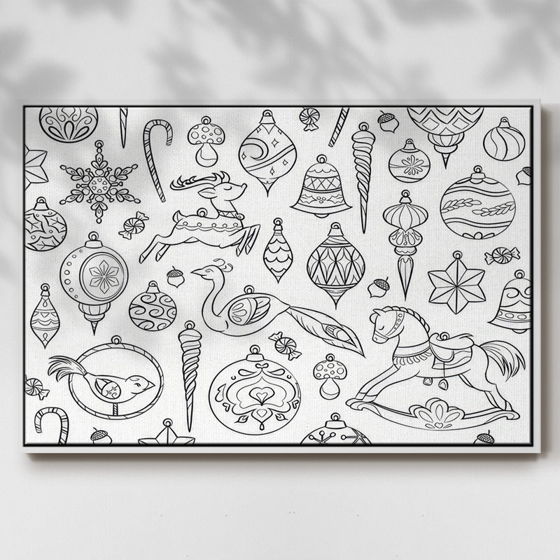 Ornements rétro encadrés sur toile, H 27 po x l 41 po x P 1,5 po, Blanc