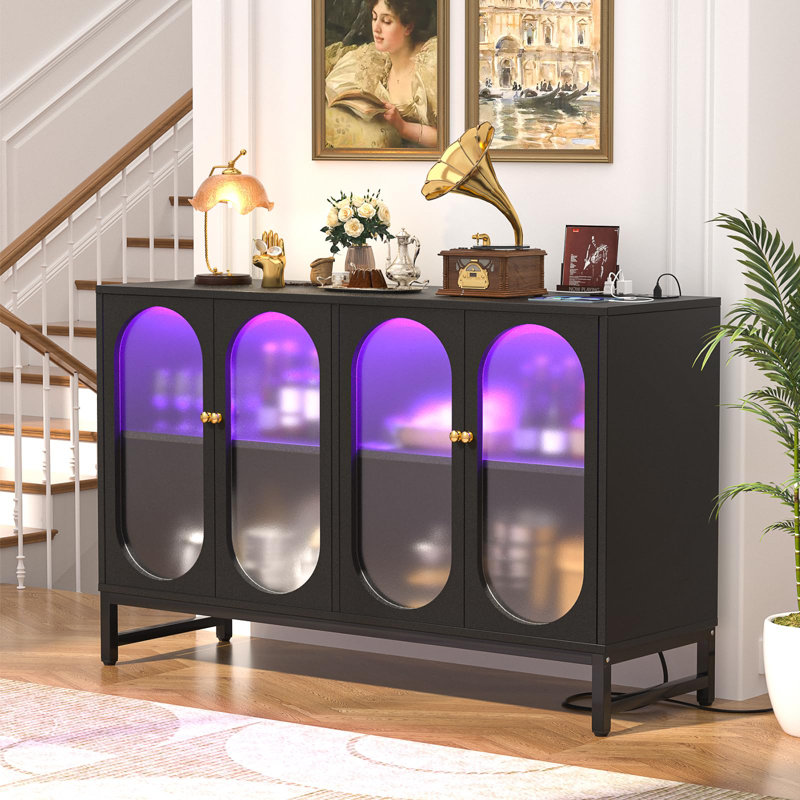 Joaquina 47'' Sideboard Buffet Cabinet with Power Outlet and LED Light, Black