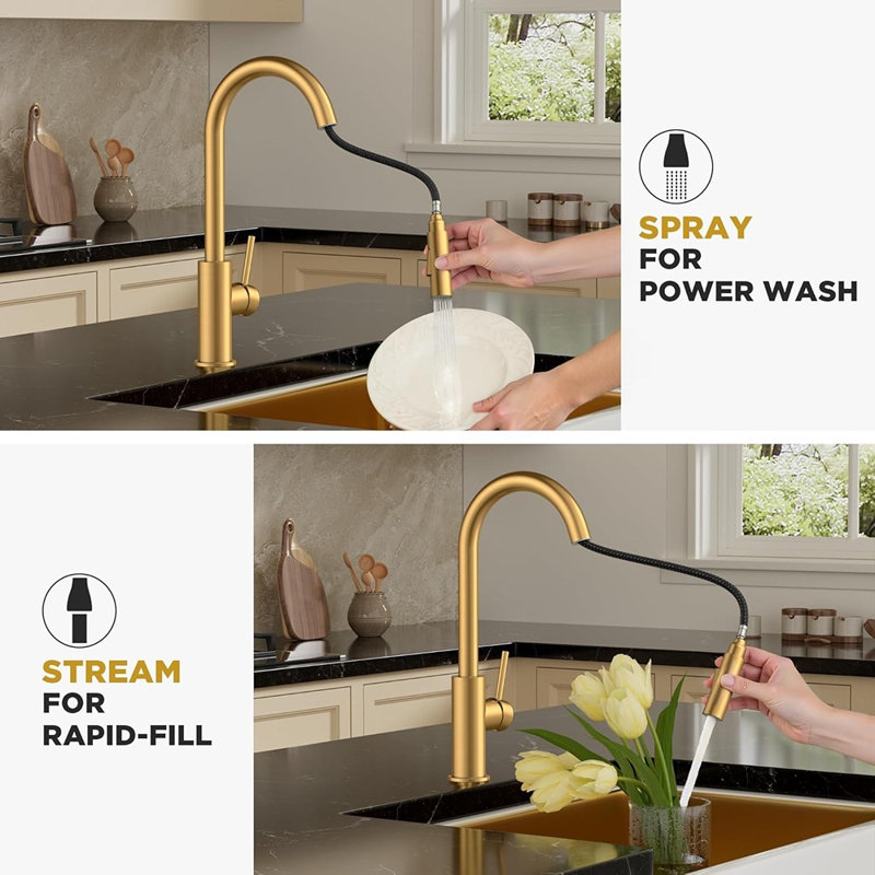 Robinet de cuisine en laiton brossé doré avec douchette rétractable, robinet d'évier à col de cygne en acier inoxydable avec cartouche en céramique cUPC