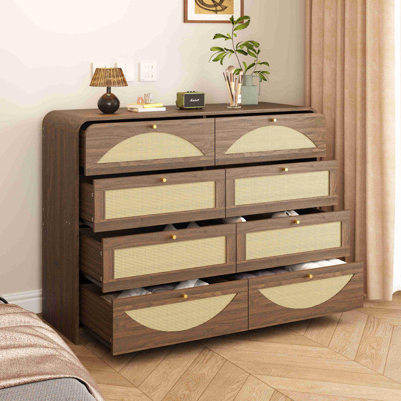 Commode 8 tiroirs avec façade en rotin, commode à panneaux de particules larges, armoire de rangement moderne en bois pour le salon de la chambre à coucher