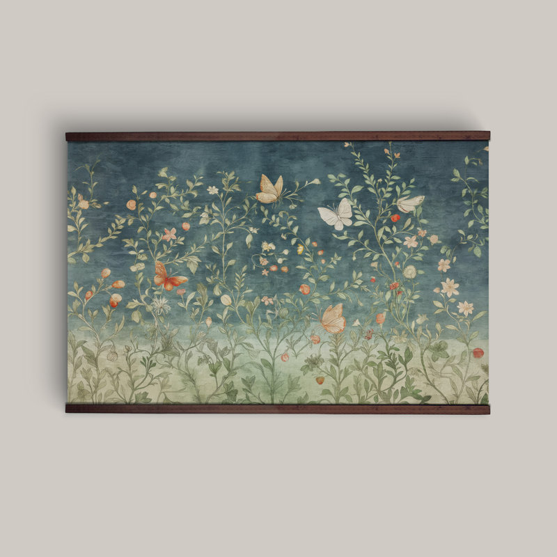 Botanical Textile Tapestry Art, Large Blue Print Tapestry, Vintage Tapestry, Canvas Wall Art, 45" H x 73" W