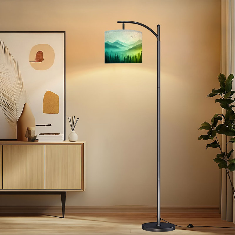 Lampe sur pied à arc avec abat-jour réglable Misty Mountain Forest Birds Evergreen Trees Woodland Lampadaire