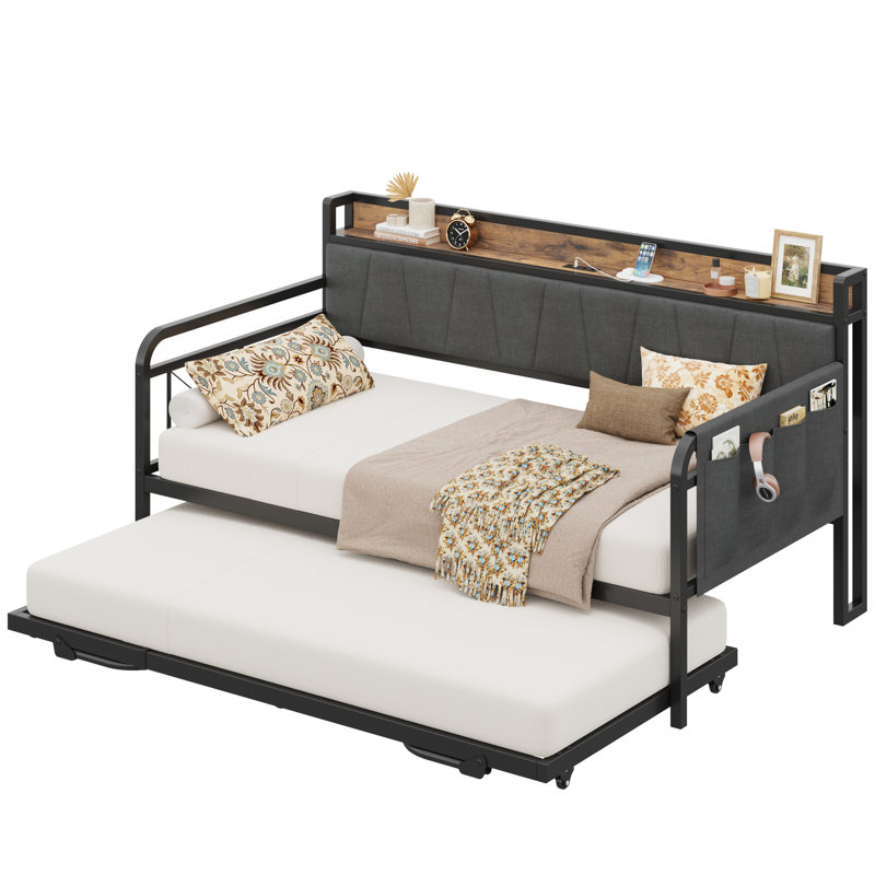 Lit de jour simple avec lit gigogne et tête de lit tapissier avec station de charge, supports solides pour la chambre à coucher, le salon et la chambre d'amis