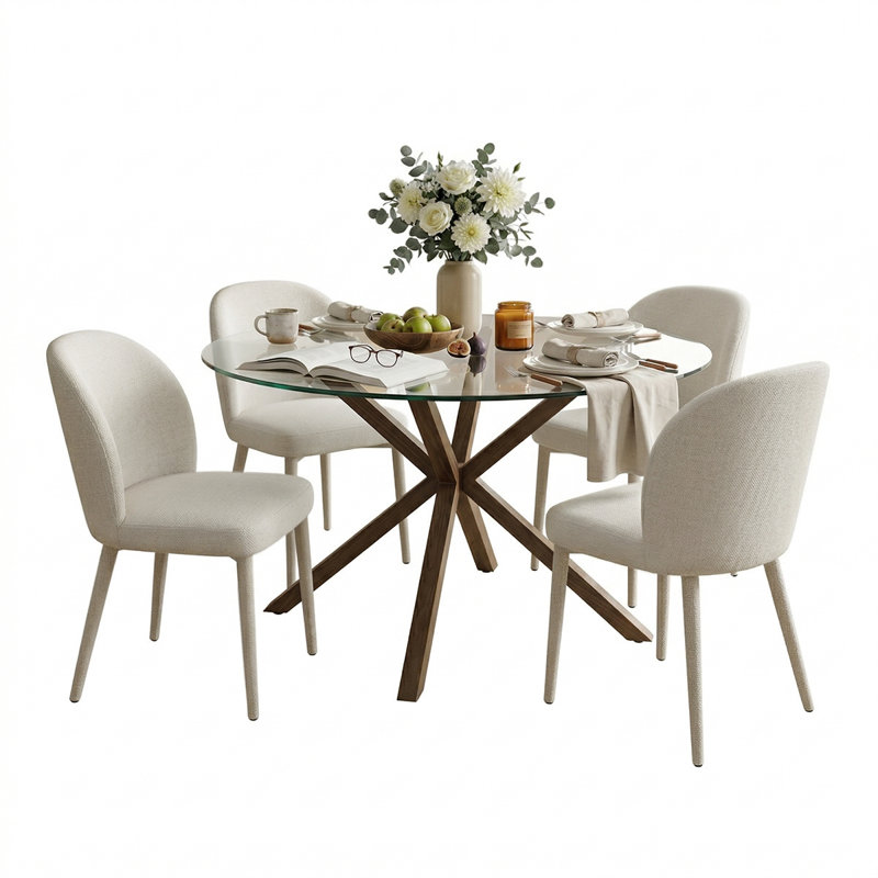 Modern 39" Round Glass Dining Table Set With 4 Upholstered Dining Chairs, White