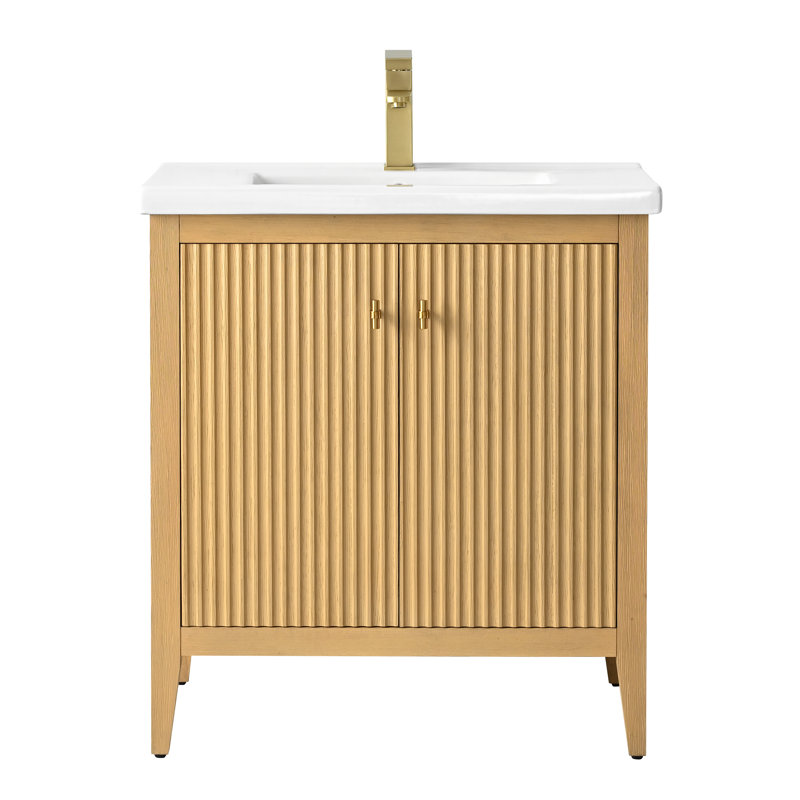 Meuble-lavabo sur pied à simple cuve 30 po avec plateau en céramique blanche, Chêne linéaire linéaire, Doré brossé, 30"