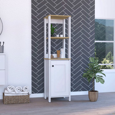 Armoire à linge Jannès, deux tablettes ouvertes, une porte, finition chêne clair / blanc