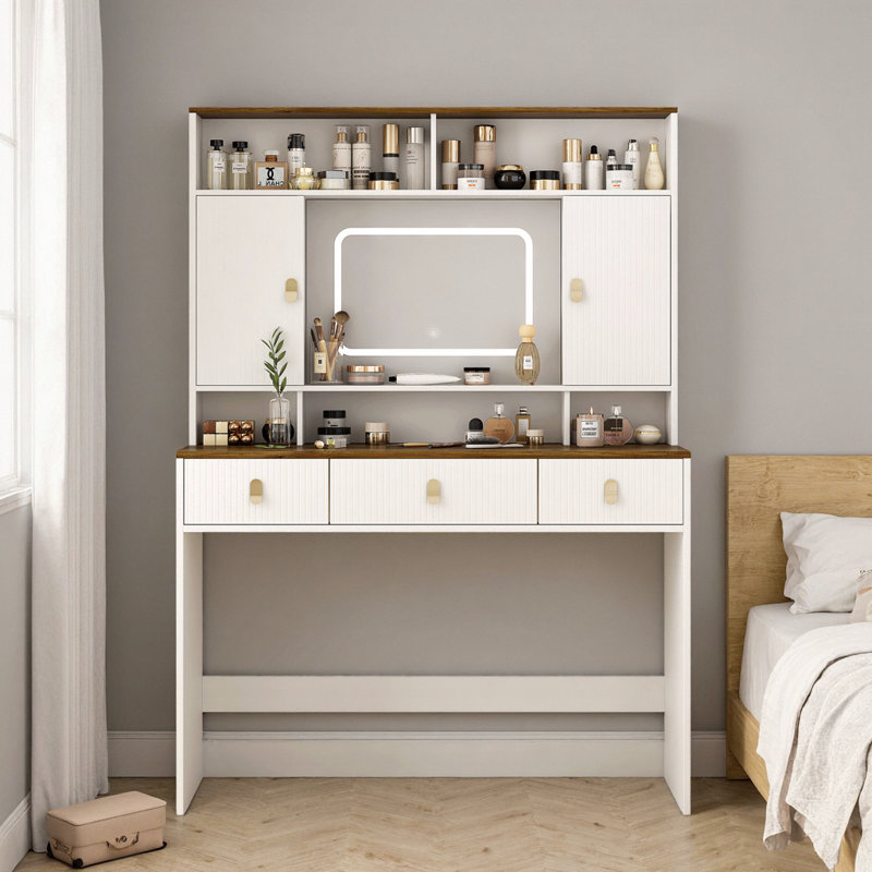 43" Farmhouse Vanity – Lighted 3-Color Mirror, Touch-Dim, Slide-Top Drawer, Hair-Dryer Shelf, Pure-White MDF Finish