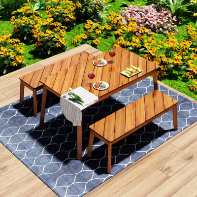 3 Pieces Acacia Wood Table Bench Dining Set For Outdoor & Indoor Furniture With 2 Benches by Millwood Pines