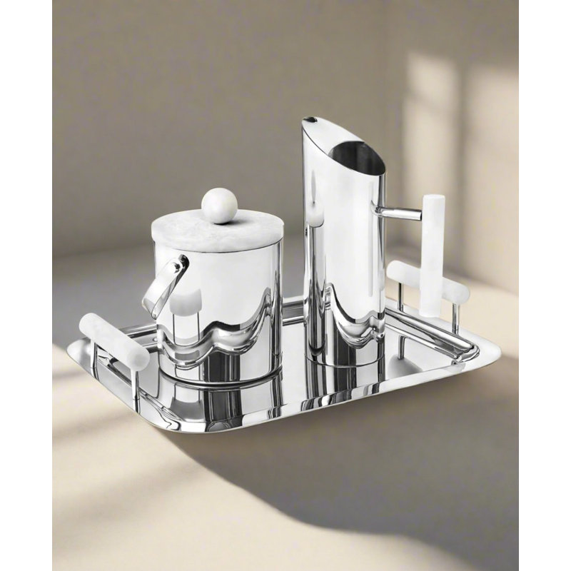 Plateau en résine azur et acier inoxydable, Blanc / argenté