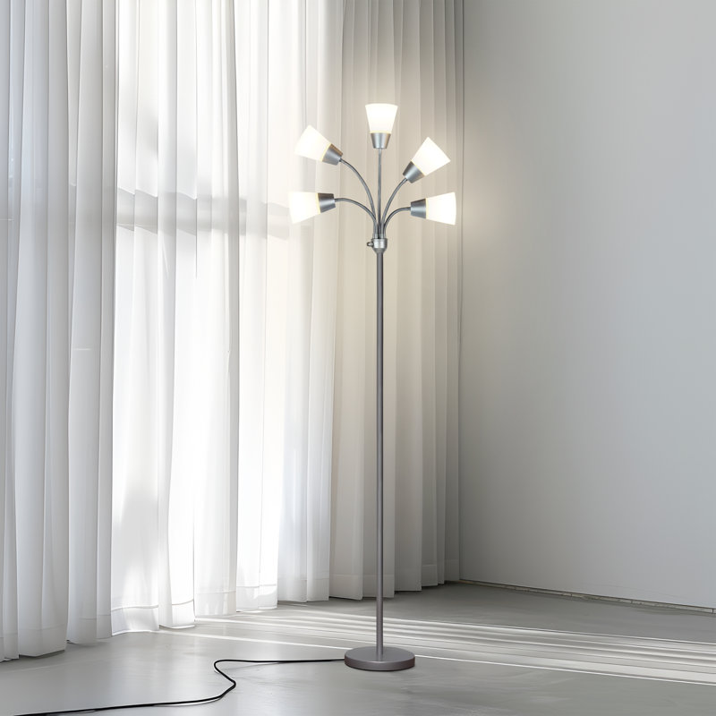 Medusa Modern 78 in. 5-Light Adjustable Gooseneck LED Floor Lamp with 5 Cone Shades, Silver