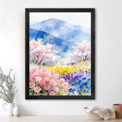 Reproduction d'art encadrée noire à l'aquarelle d'une mer de fleurs au printemps