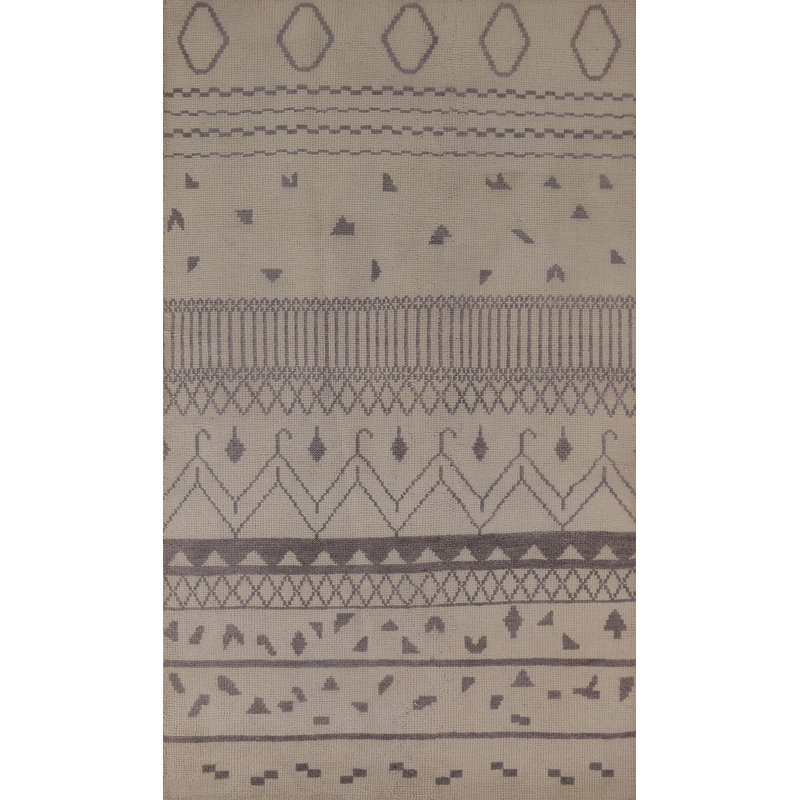 Tapis beige en laine noué à la main de conception unique 5 pi 2 po x 7 pi 9 po New Age
