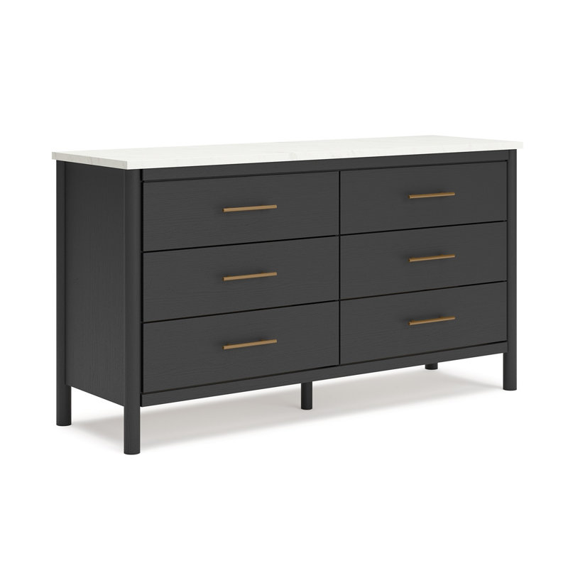 Mooran Wide Dresser, 6 Drawers, White Marble Finish Top,, Black