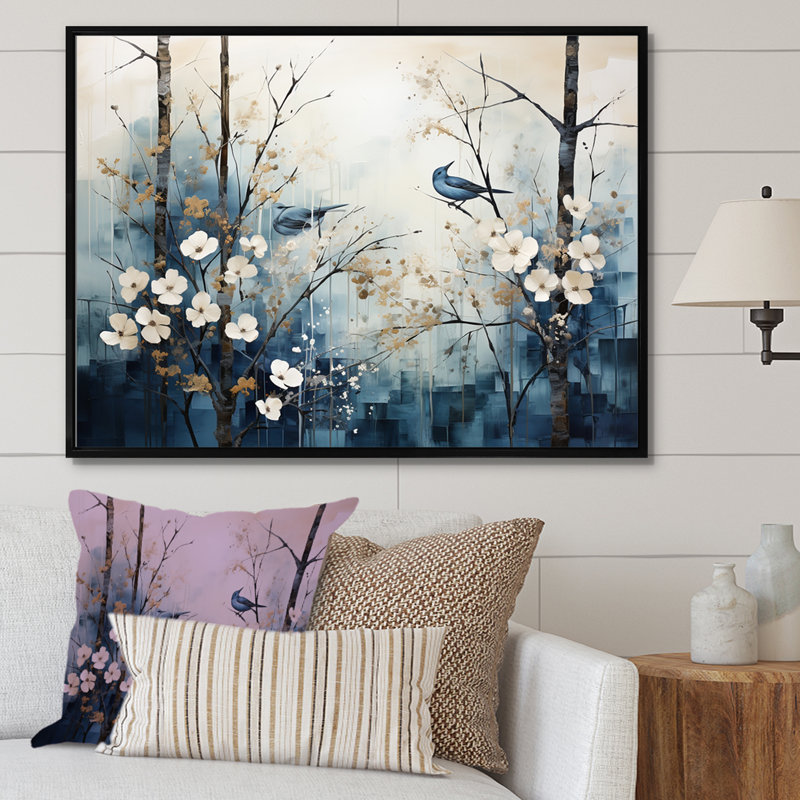 Blue And White Forest Winter Harmony I On Canvas Print, Black Floater Framed, 30" H x 40" W x 1.5" D