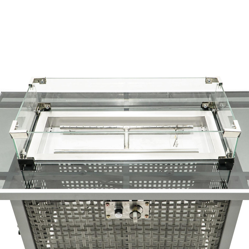 K&K 43" Propane Gas Fire Pit Table, 60000 BTU Rectangular Open Weave Wicker Fire Pit With Glass Wind Guard For Outside Patio Deck Garden Backyard - Grey
