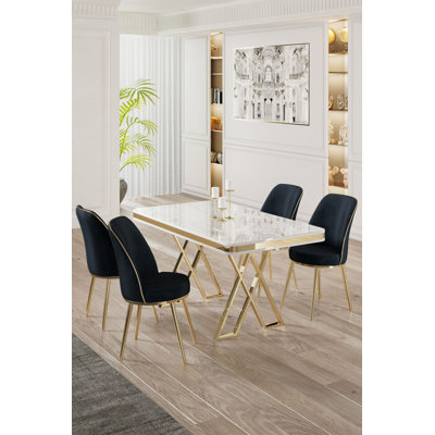 Ensemble de table et chaises de salle à manger moderne 5 pièces, blanc et or avec accents anthracite | Table à panneau laquée (51,2 x 29,1 x 31,5 po) et chaises en métal (17,7 x 35,8 x 16,5 po) | Sièges en mousse confortables, design glamour pour des espaces de salle à manger élégants