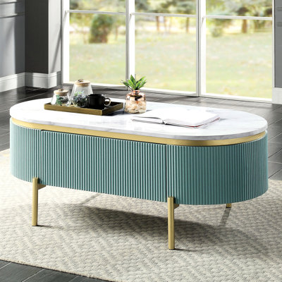Table de crochet glamour bleu sarcelle avec finition en faux marbre blanc et espace de tiroir dissimulé