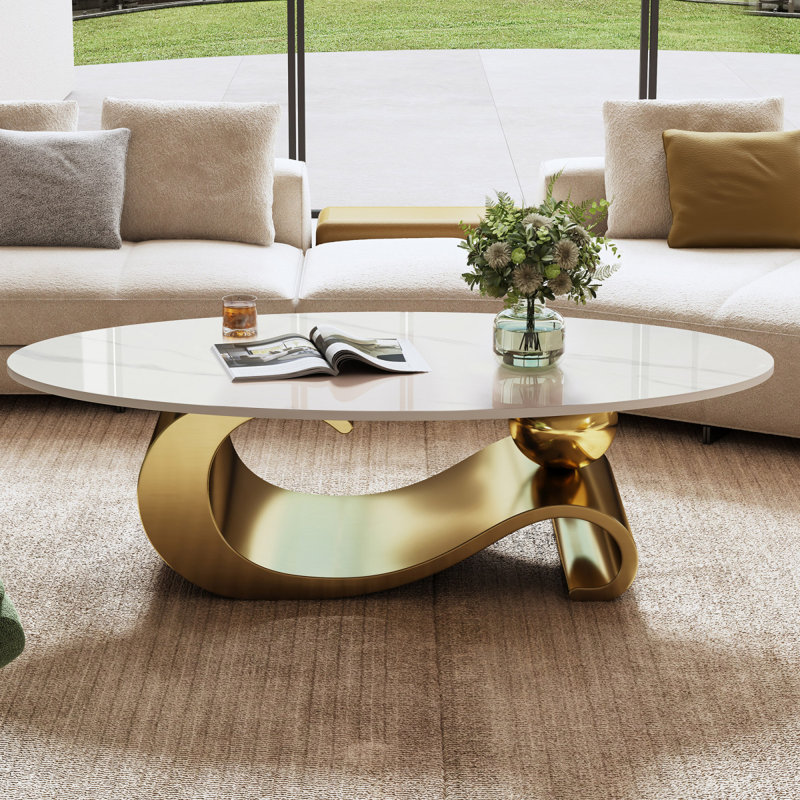 Table basse ovale en faux marbre de 49,2 po, base contemporaine en acier inoxydable doré, table centrale moderne pour le salon