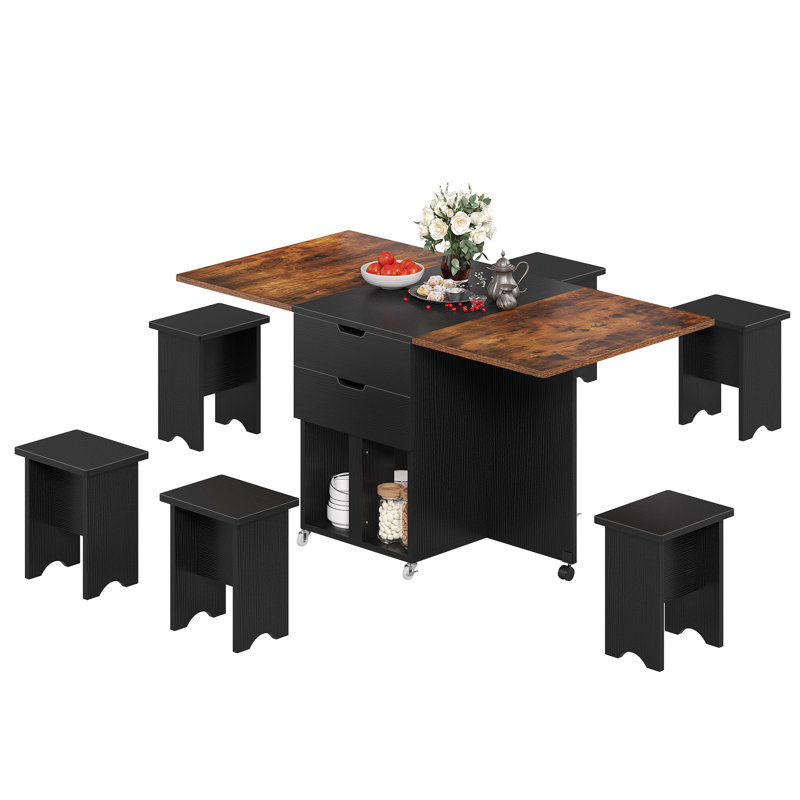 Chelia 7 - Piece Folding Extendable Dining Table Set With 6 Chairs, Brown