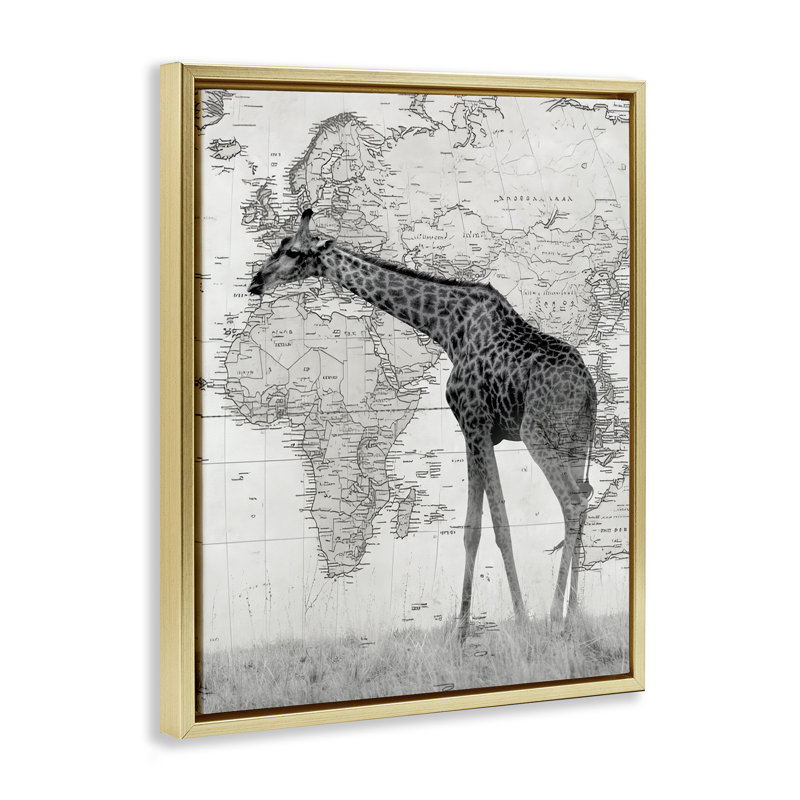 Girafe sauvage avec carte du monde, Cadre flottant métallique doré, H 31 po x l 25 po