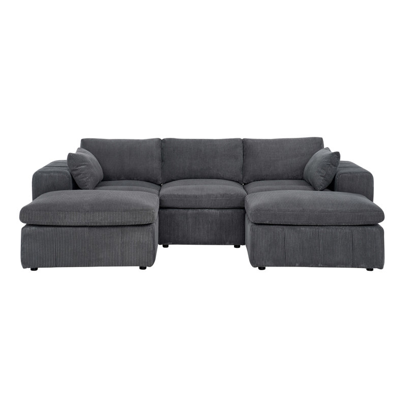 Large Arms Cordory Upholstered Modular Sectional with 2 Ottomans, Dark Gray Corduroy